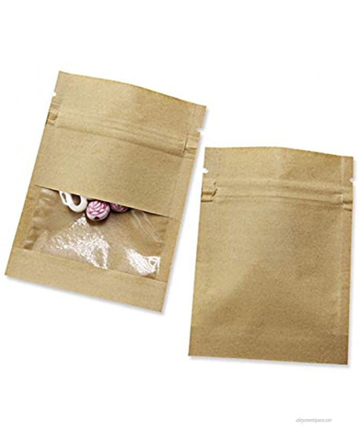 100 Pack Clear Window Airtight Brown Kraft Paper for Zip Food Storage Lock Small Bags Reclosable Seal 2.7x3.5inch Inner Size 2.36x2.36inch Zipper Resealable Heat Seal Pouch Smell Proof Sample Coffee