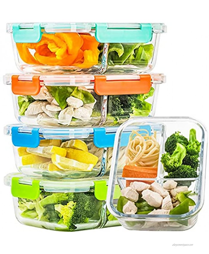 5 Pack Glass Meal Prep Containers 3 Compartment Set 34oz Food Storage Containers with Lids Airtight