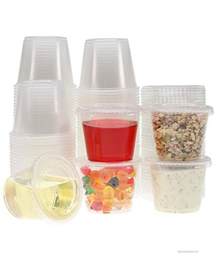 Freshware Plastic Portion Cups with Lids [5.5 Ounce 100 Sets] Souffle Cups Jello Shot Cups Condiment Sauce Containers For Sampling Sauce Snack or Dressing