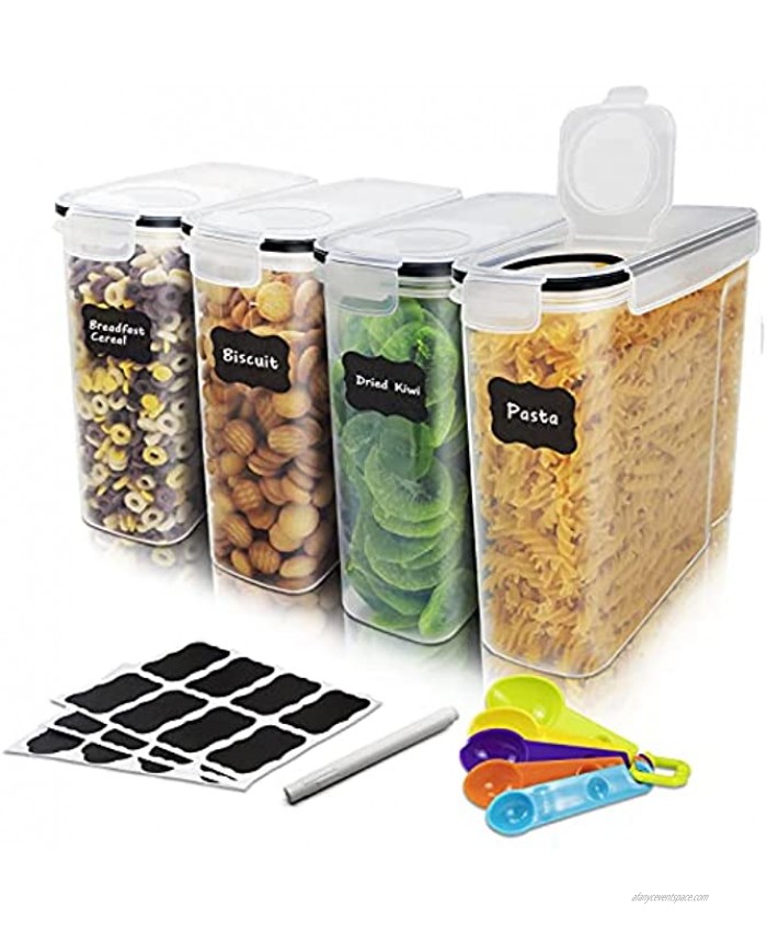 HOSHANHO Airtight Food Storage Containers Set for Pantry 4 Pack 4L 135 Oz Large Cereal Storage Containers BPA Free Plastic Containers with Lids for Sugar Flour Snack Labels and Spoons Included