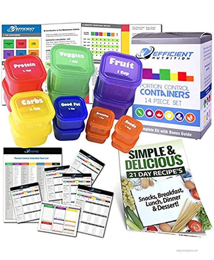 Portion Control Containers DELUXE Kit 14-Piece with COMPLETE GUIDE + 21 DAY PLANNER + RECIPE eBOOK by Efficient Nutrition BPA FREE Color Coded Meal Prep System for Diet and Weight Loss