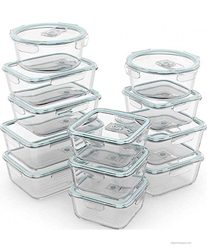 Razab 24 Pc Glass Food Storage Containers Airtight Lids Microwave Oven Freezer & Dishwasher Safe Steam Release Valve BPA  PVC-Free -Small & Large Reusable Round Square & Rectangle Bento Containers