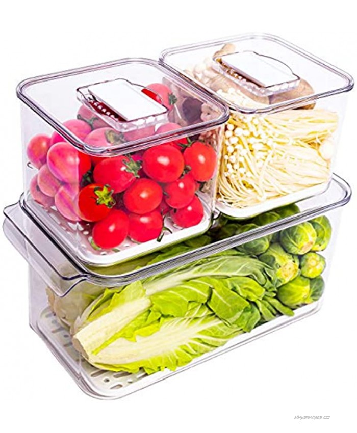 WAVELUX Produce Saver Containers for Refrigerator Food Fruit Vegetables storage 3 Piece Stackable Fridge Freezer Organizer Fresh Keeper Drawer Bin Basket with Vented Lids & Removable Drain Tray