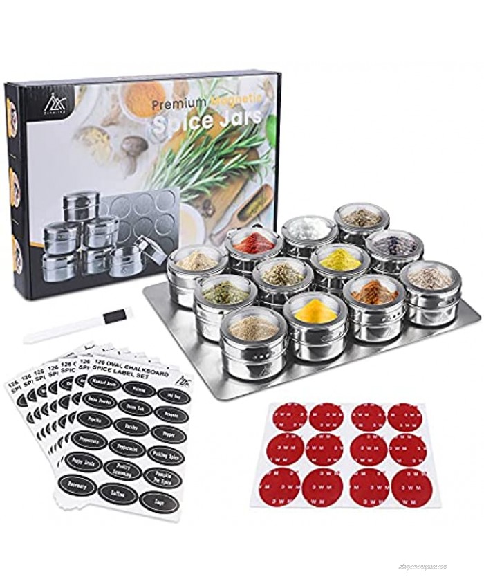 Premium Magnetic Spice Rack Wall Mount – Stainless Steel Spice Organizer with Wall Base – 12 High-Strength Magnetic Spice Jars with Label – Easy-Open Rust-Resistant Spice Containers with Lids 3 oz
