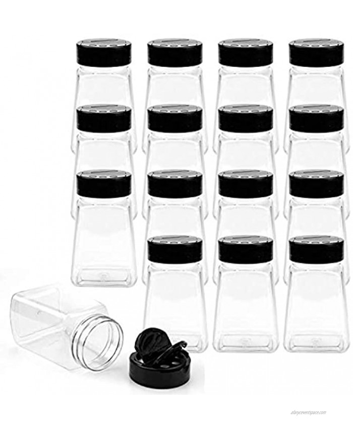 Tebery 16 Pack 9oz Clear Plastic Spice Container Bottle Jars with Black Flap Cap To Pour Or Sifter Shaker Perfect for Storing Spice Herbs and Powders