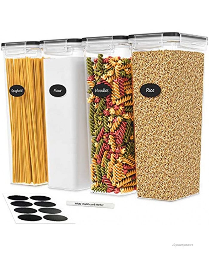 DWËLLZA KITCHEN Tall Airtight Food Storage Containers with Lids for Spaghetti Noodles & Pasta 4 Piece Set All Same Size Pantry & Kitchen Organization Plastic Canisters Keeps Food Fresh & Dry