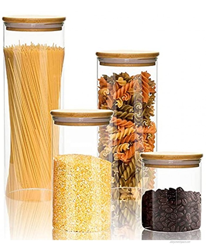 Glass Canisters Food Storage Jars with Airtight Bamboo Lid Food Storage Containers Set of 4 Glass Jars Candy Cookie Rice and Spice Jars Big and Small Airtight Glass Containers for Pantry