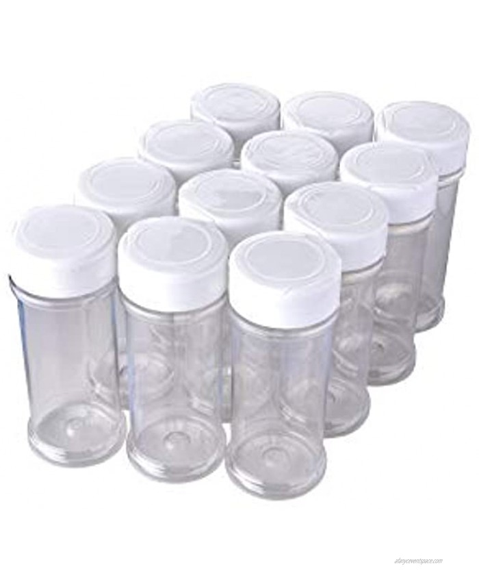 12 Pack of 6 Oz. Empty Clear Plastic Spice Bottles with White Sprinkle Top Lids For Storing and Dispensing Salt Sweeteners and Spices Food-Grade Spice Jars for Kitchen and Home Spice Organization