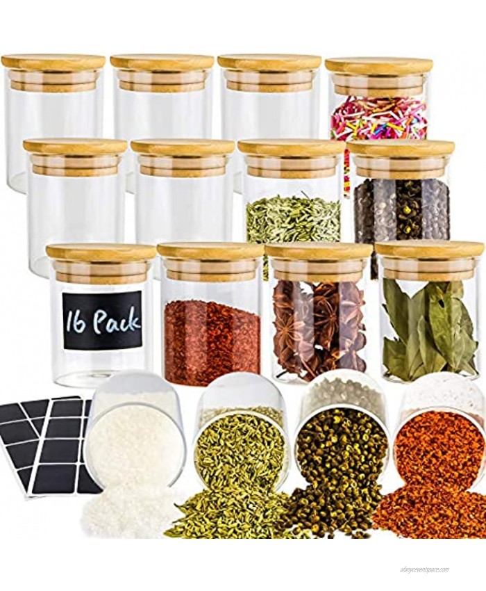 16 Pack Glass Jars with Lids Airtight Bamboo Lids Spice Jars Set For Spice Coffee Beans Candy Nuts Herbs Dry Food Canisters Extra Chalkboard Labels 7 oz Clear