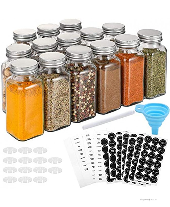 Aozita 14 Pcs Glass Spice Jars with Spice Labels 6oz Empty Square Spice Bottles Shaker Lids and Airtight Metal Caps Chalk Marker and Silicone Collapsible Funnel Included