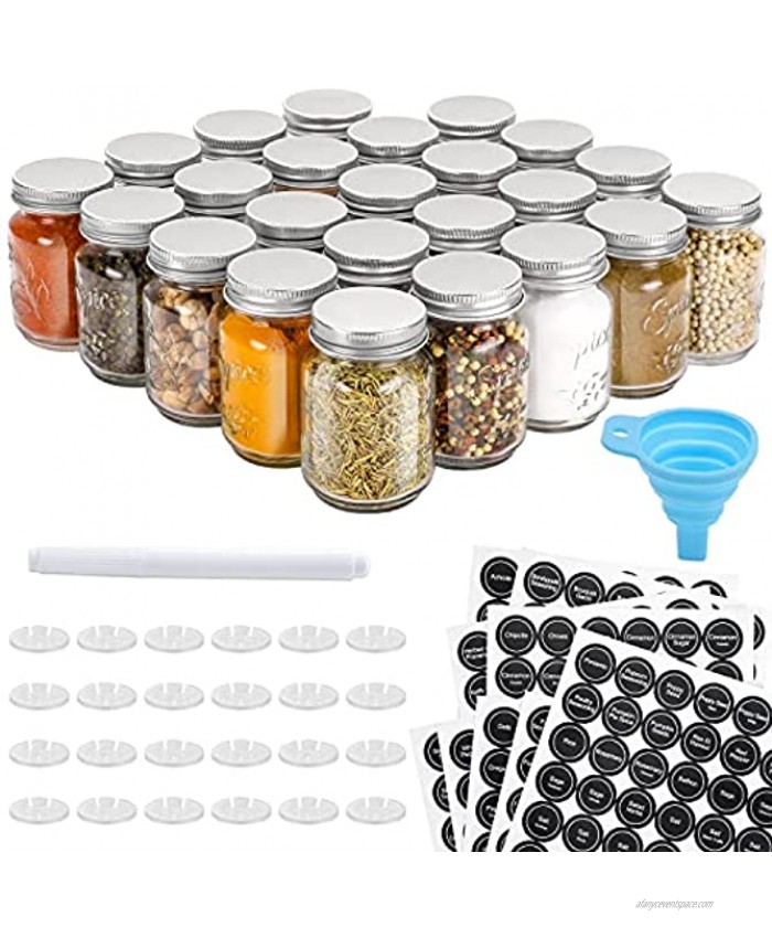 Aozita 24 Pcs Glass Mason Spice Jars Bottles 4oz Empty Spice Containers with Spice Labels Shaker Lids and Airtight Metal Caps Silicone Collapsible Funnel Included