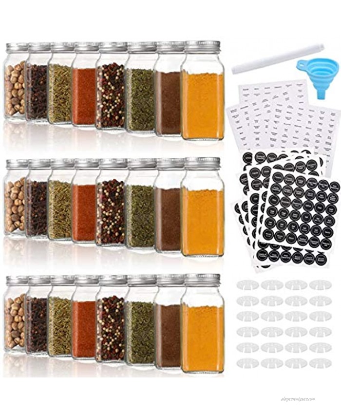 Aozita 24 Pcs Glass Spice Jars Bottles 6oz Empty Square Spice Containers with 810 Spice Labels Shaker Lids and Airtight Metal Caps Silicone Collapsible Funnel Included