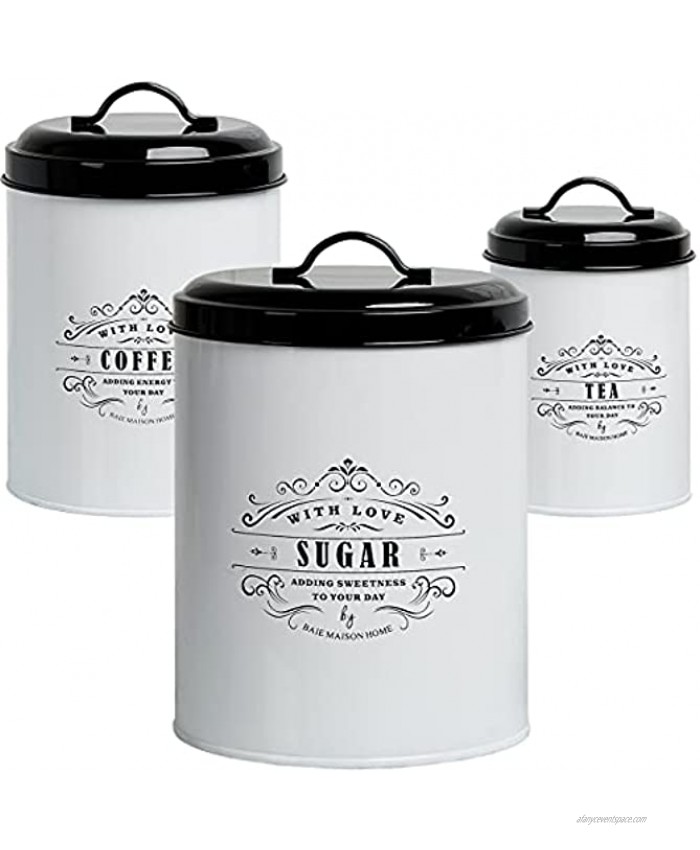 Baie Maison Large Kitchen Canisters Set of 3 Farmhouse Canister Sets for Kitchen Counter White Coffee Tea Sugar Container Set Rustic Kitchen Canisters Farmhouse Style Decor Metal Kitchen Jars