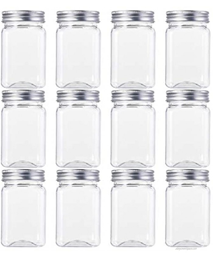 Bekith 12oz Clear Plastic Jars With Lids Set of 12 Airtight Container for Food Storage Refillable Square Empty Plastic Jars for Dry Food Peanut Butter Honey and Jam Storage