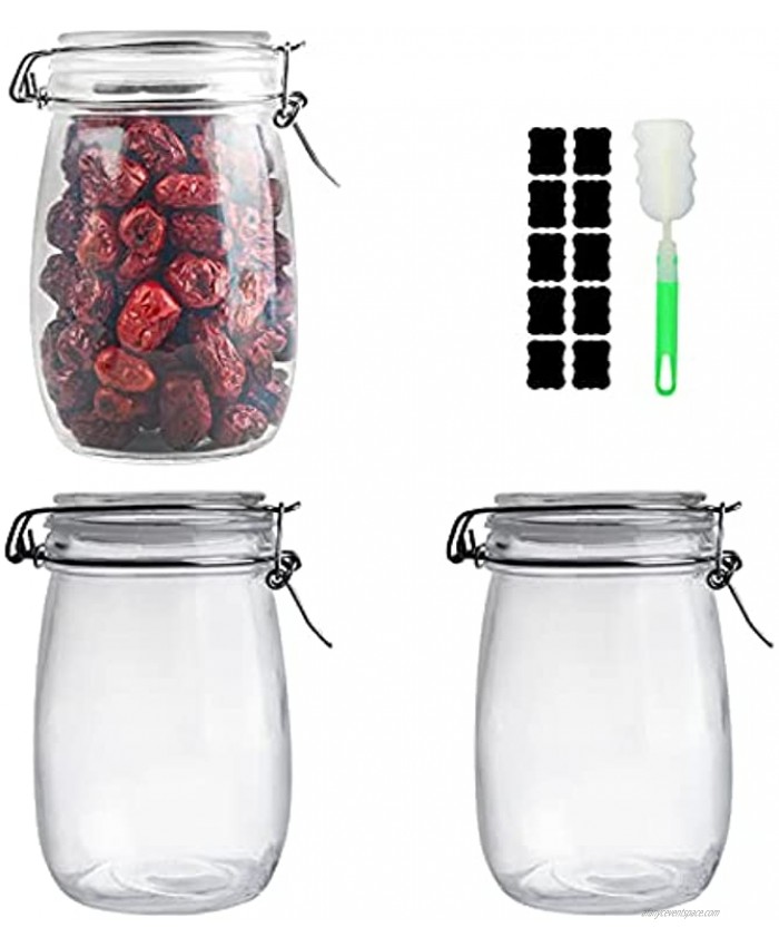 Comrzor 32 OZ Glass Storage Mason Jars with Airtight Lids 3 Pack Wide Mouth Kitchen Canisters Containers with Hinged Lids for Canning Food Storage Brush & Labels Included