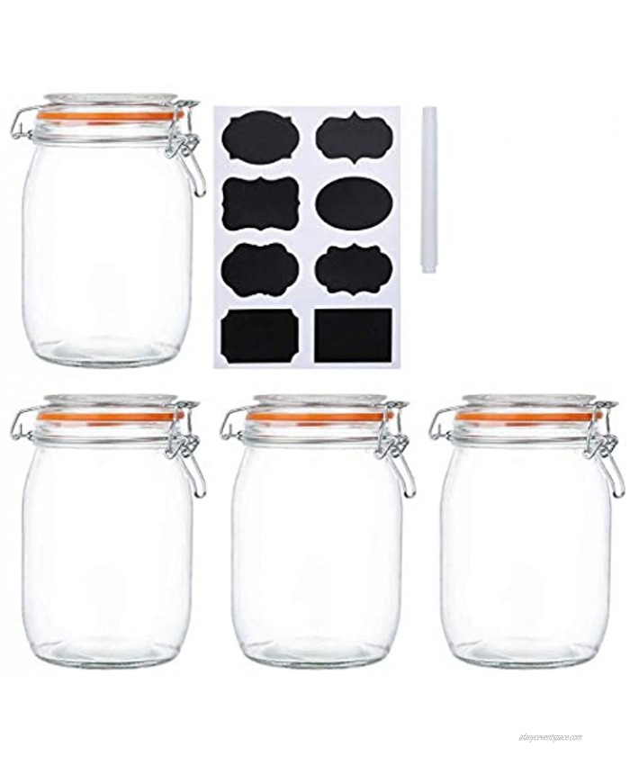 Encheng 32 oz Glass Jars With Airtight Lids And Leak Proof Rubber Gasket,Wide Mouth Mason Jars With Hinged Lids For Kitchen Canisters 1000ml Glass Storage Containers 4 Pack …