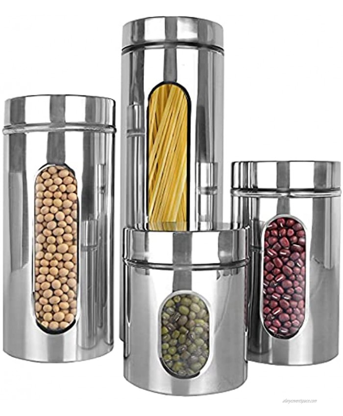 Estilo 4 Piece Brushed Stainless Steel and Glass Canisters with Window Silver