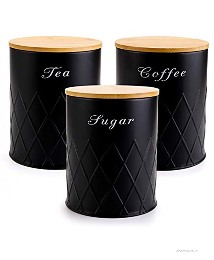 Fasmov 3 Pack Kitchen Canister Set Coffee Sugar and Tea Storage Container Jars with Bamboo Lids for storing Sugar Coffee and Tea Black
