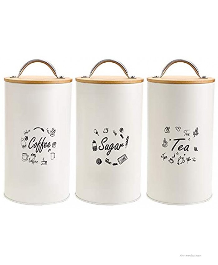 Fasmov 3 Pack Kitchen Canisters with Bamboo Lids Airtight Metal Canister Set Coffee Sugar Tea Flour Storage Containers Farmhouse Kitchen Decor Beige
