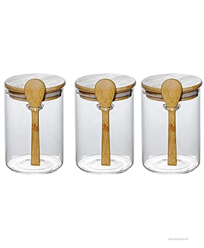 Glass Jar Containers with Bamboo Airtight Lid Wooden Spoon Scoop Food Storage Canister Clear Glass Containers Kitchen Organization Jars 3 Pcs 450ML