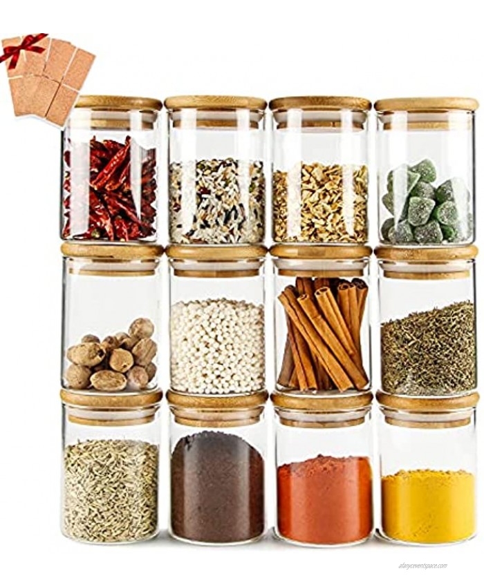 Glass Jars Set of 12 Chrider Spice Glass Jars with Bamboo Wooden Airtight Lids and Labels Food Storage Containers for Home Kitchen Tea Sugar Salt Pepper Spices Coffee Flour Herbs Grains