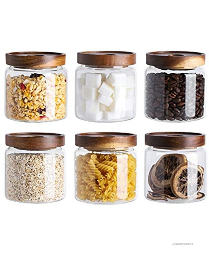 Kanwone Glass Storage Jars Set of 6 17 Ounce Airtight Food Storage Containers with Bamboo lids Clear Glass Canisters for Pantry kitchen Flour Sugar Tea Coffee Snack Spice and Herbs airtight food storage containers