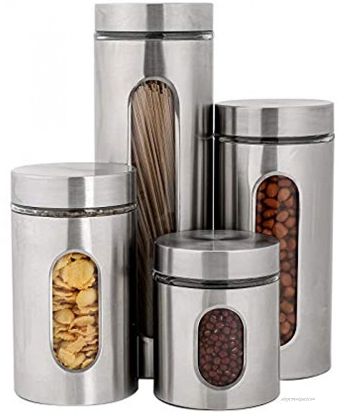 PENGKE 4 Piece Silver Stainless Steel Canister Set with Glass Windows,perfect for Kitchen Canning Cereal,Pasta,Sugar,Beans,Spice