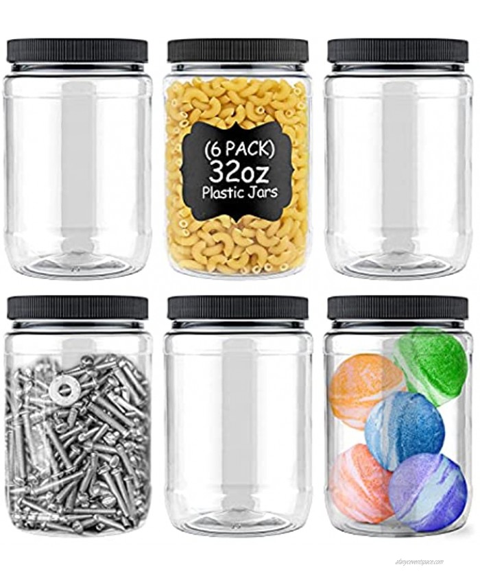 Stock Your Home 32 oz Plastic Jars w Chalk & Sticker 6 Pack BPA Free Plastic Mason Jars for Kitchen Pantry Jars with Airtight Lids for Storing Rice Pasta Coffee Grains Candy Cookies
