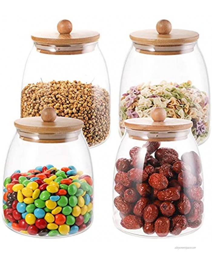 Suwimut 4 Pieces Glass Food Storage Jar with Bamboo Lids 34 oz Round Clear Glass Airtight Food Storage Canister Set for Kitchen Tea Spice Candy Cookie Coffee Sugar Flour Nuts