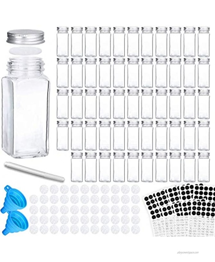 VERONES 54 Glass Spice Jars with 662 Spice Labels Chalk Marker and Funnel Complete Set. 54 Square Glass Jars 4 OZ Airtight Cap Pour sift Shaker Lid