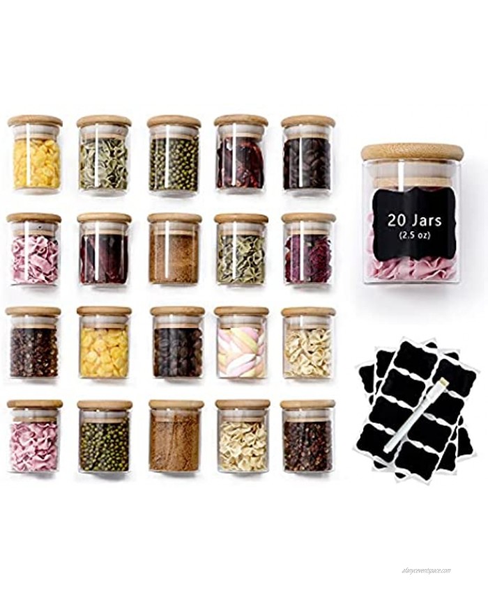 ZPGXLRZ 20 Pcs Glass Spice Jars with Airtight Bamboo Lids Labels and Pen 2.5oz Mini Clear Food Storage Containers for the Pantry Kitchen Canisters for Tea Herbs Sugar Salt Coffee and More