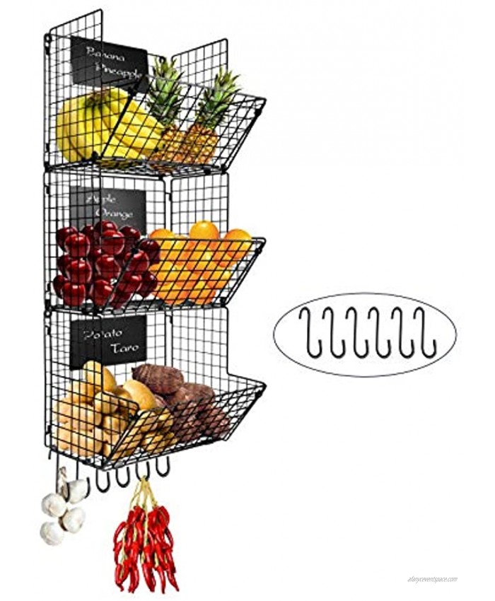 FiiMan 3-Tier Wall Mounted Hanging Wire Baskets with Removable Chalkboards and S-Hooks Fruit Vegetable Produce Storage Space Saving Kitchen Hanging