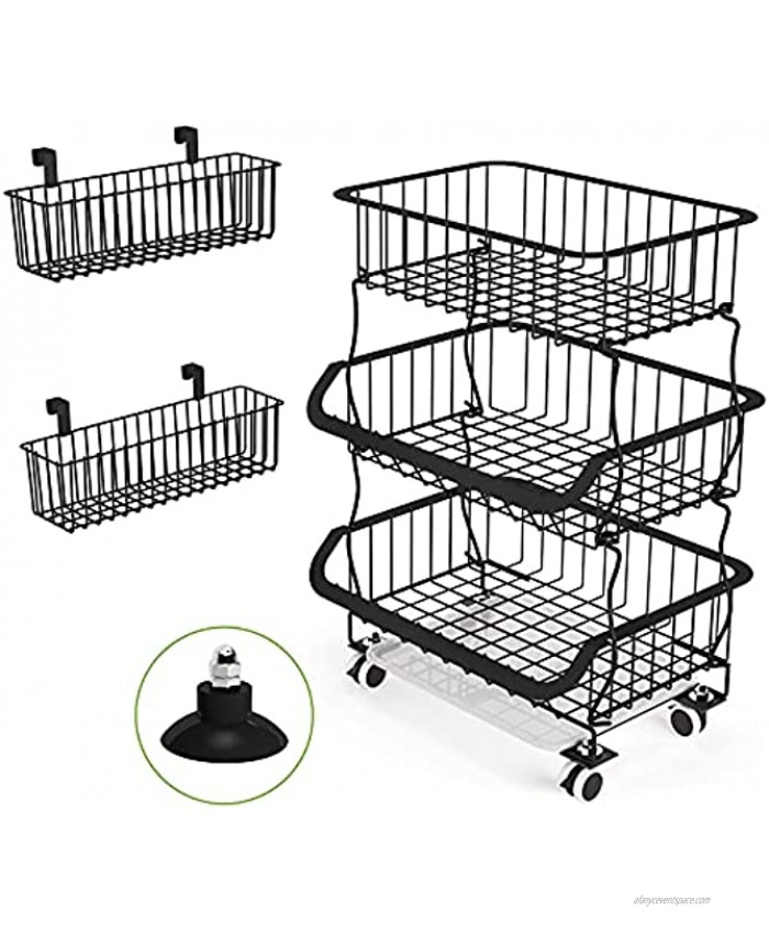Fruit Basket 1Easylife 3 Tier Stackable Metal Wire Basket Cart with Rolling Wheels Utility Rack for Kitchen Pantry Garage With 2 Free Baskets 3 tier
