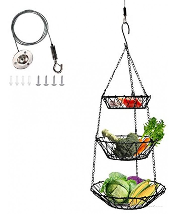 Hanging Fruit Basket 3 Tiers with Adjustable Wall Mount Ceiling Hanging Hooks Vegetable Basket Space Saving Rustic Country Style Kitchen Storage Baskets Heavy Duty Wire Organizer Black