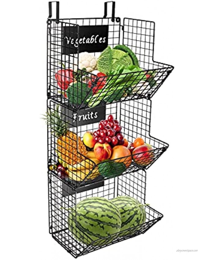 KELIVOL 3-Tier Metal Wall-Mounted Wire Baskets with Hanging Hook and Chalkboards to Put Fruits Vegetables Snacks or Product Storage and Organization etc in Kitchen