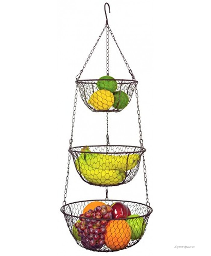 MyGift Bronze-Tone Metal 3-Tier Chain Hanging Space Saving Rustic Country Style Chicken Wire Fruits Produce Plants Storage Baskets