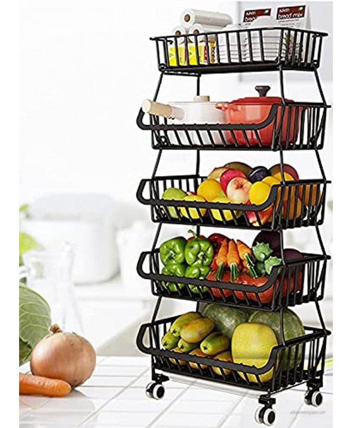 OKZEST 5 Tier Fruit Vegetable Baskets Cart Wire Storage Basket Rack with Wheels Produce Organizer Vegetable Storage Bins Shelf Rolling Vegetable Rack for Potatoes and Onions Kitchen Pantry
