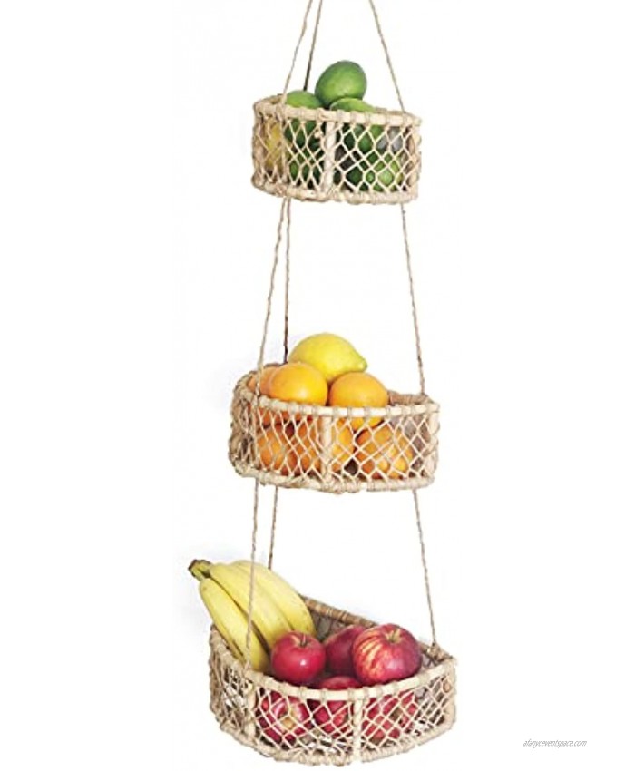 Pat's Hanging Fruit Basket 3 Tier Half Round Woven Rattan Wall Hanging Basket Macrame Fruit Basket Plant Holder Boho Kitchen Storage Produce Organizer Great Counter Space Saver