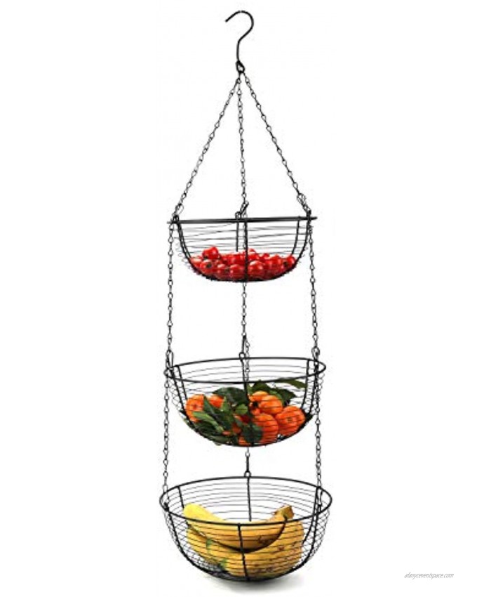 Tebery 3-Tier Black Hanging Basket Kitchen Heavy Duty Wire Fruit Organizer with Metal Ceiling Hooks