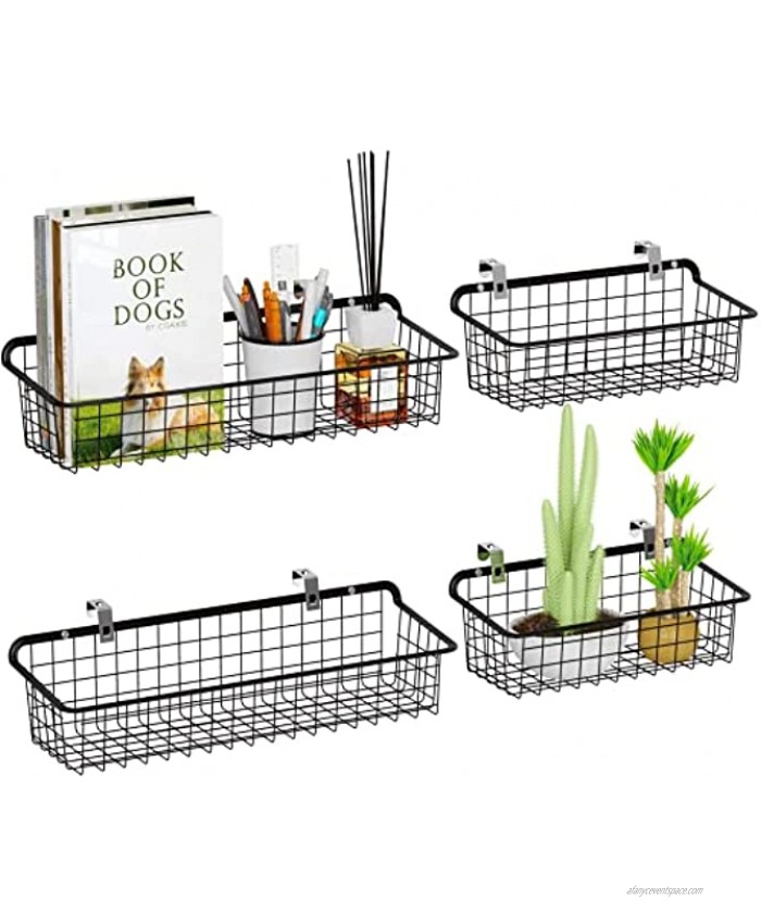 Wall Mounted Wire Baskets Packism Metal Wall Basket Multifunctional Hanging Wire Wall Basket bin for Kitchen,Shelf,Bathroom,Home,living Room,Large Wire Storage Baskets with Mount Hooks,4 Pack,Black