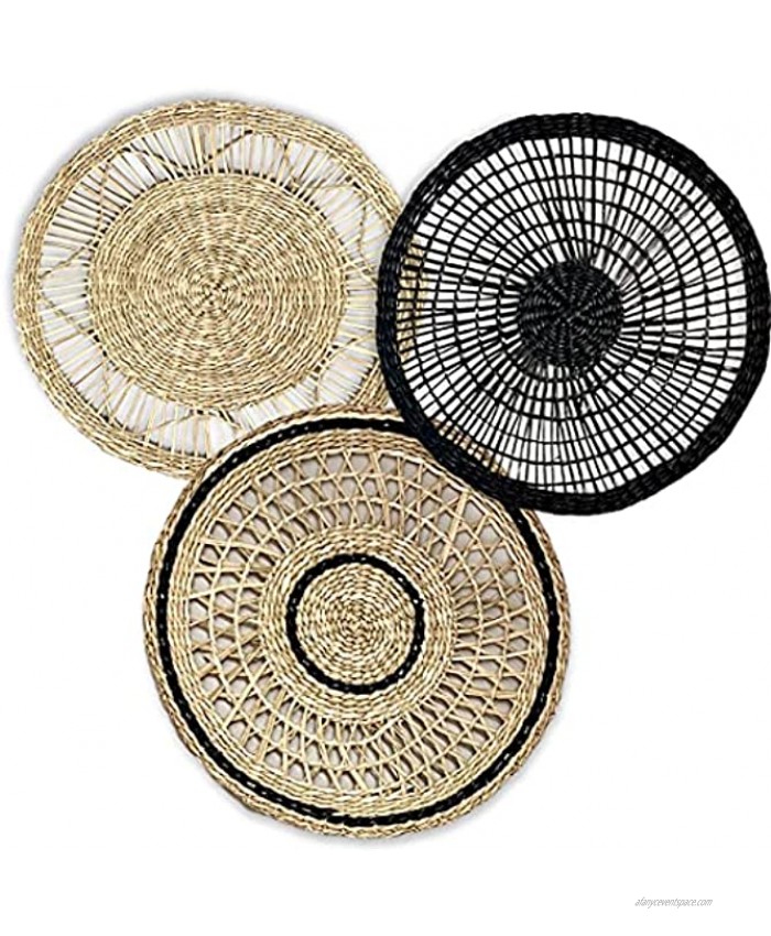 Windsor Luxe Set of 3 Wall Hanging Flat Baskets Boho Room Decor Round Natural Woven Seagrass Black Wicker & Bamboo Rattan for Decorative Home Living Room Bathroom Bedroom and Kitchen 12.6 inches