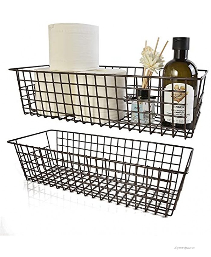 Wire Storage Baskets 2 Pack Farmhouse Metal Wire Rustic Toilet Paper Basket Food Organizer Bins with Handles for Kitchen Cabinets Pantry Closets Bedrooms Bathrooms Office Garage Bronze