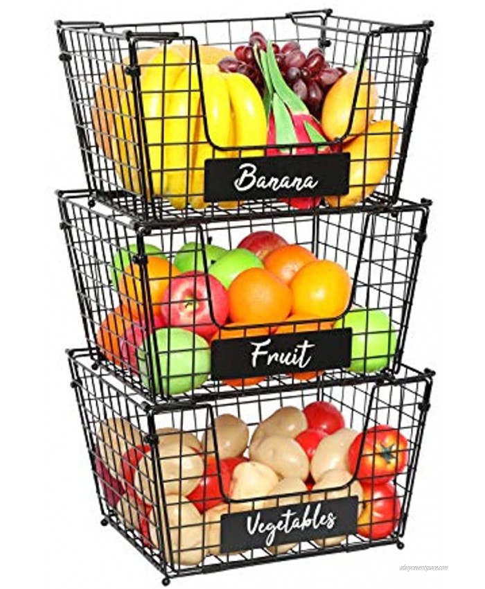 X-cosrack 3 Tier Foldable Wire Basket Stackable Fruit Vegetable Storage Basket with Name Plate Standing Metal Mesh Bin Organizer for Kitchen Counter Pantry Cabinet 14.1''L x 12.5''W x 23.6''H