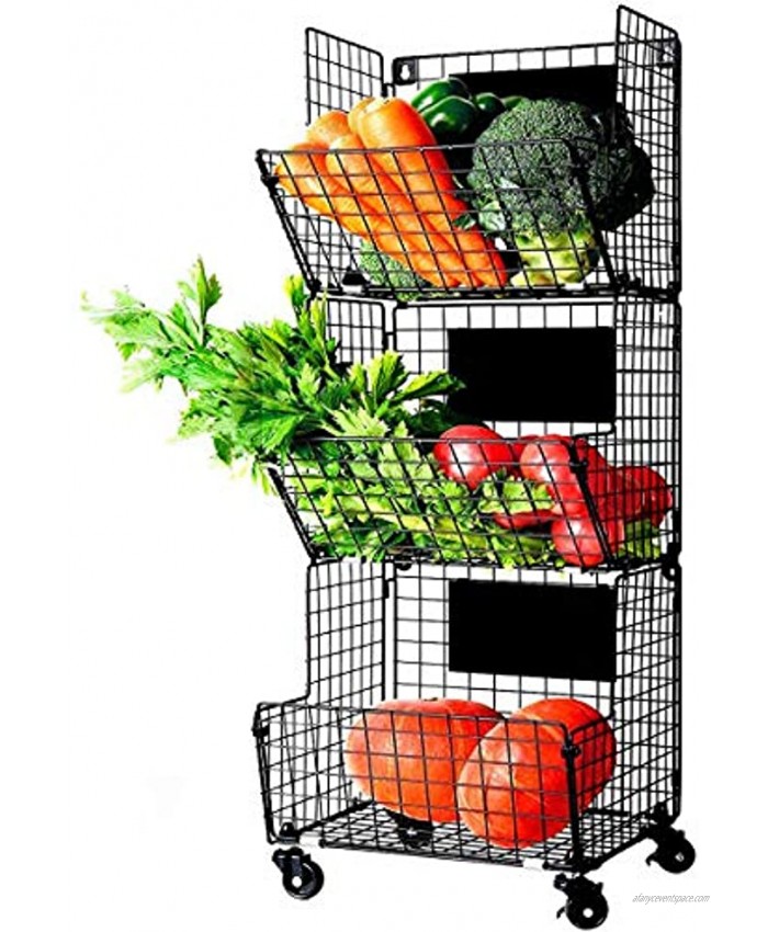 X-cosrack 3 Tier Metal Wire Baskets -Wall Storage Basket Organizer with Wheel S-Hooks,Adjustable Chalkboards- Hanging Baskets for Kitchen,Fruit Vegetables Toiletries Bathroom RackBlack