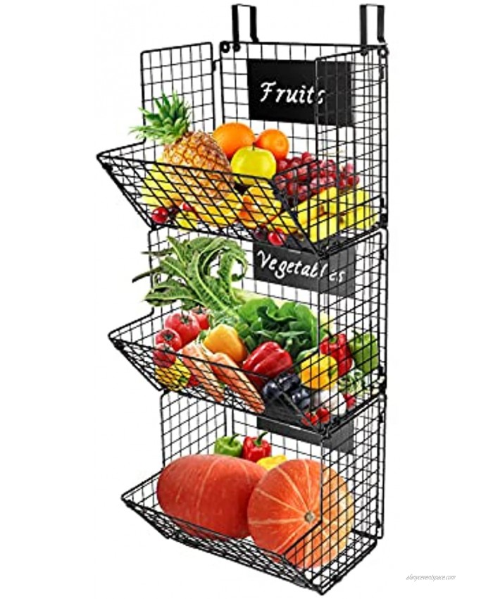 YUKOOL 3-Tier Metal Wall-Mounted Wire Baskets with Hanging Hook and Chalkboards to Put Fruits Vegetables Snacks or Product Storage and Organization etc in Kitchen