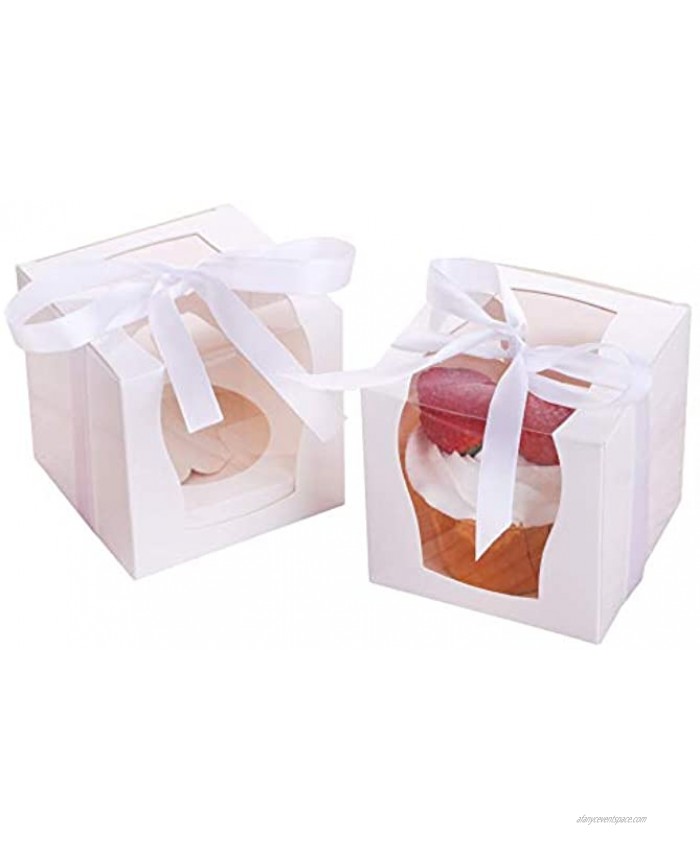 12pcs Single Cupcake Boxes With Window White Individual Cupcake Containers with Inserts and Decoration Ribbons Paper Box Holder Single Cake Box Cookie Packaging for Display