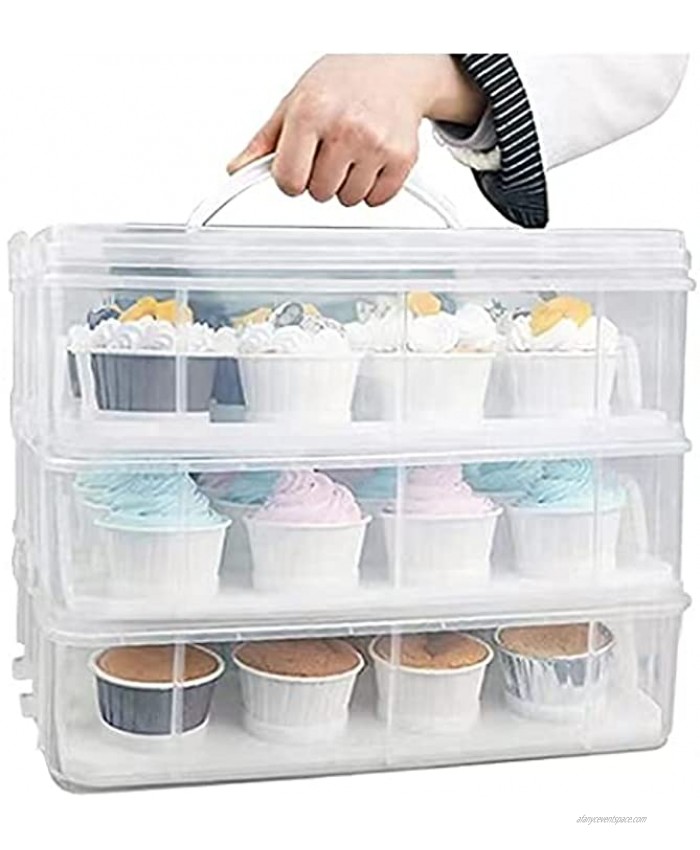3 Tier Cupcake Carrier with Lid,Holds 36 Cupcakes or 3 Large Cakes Food Transporter Container with 3 Tier Stackable Layer Insert