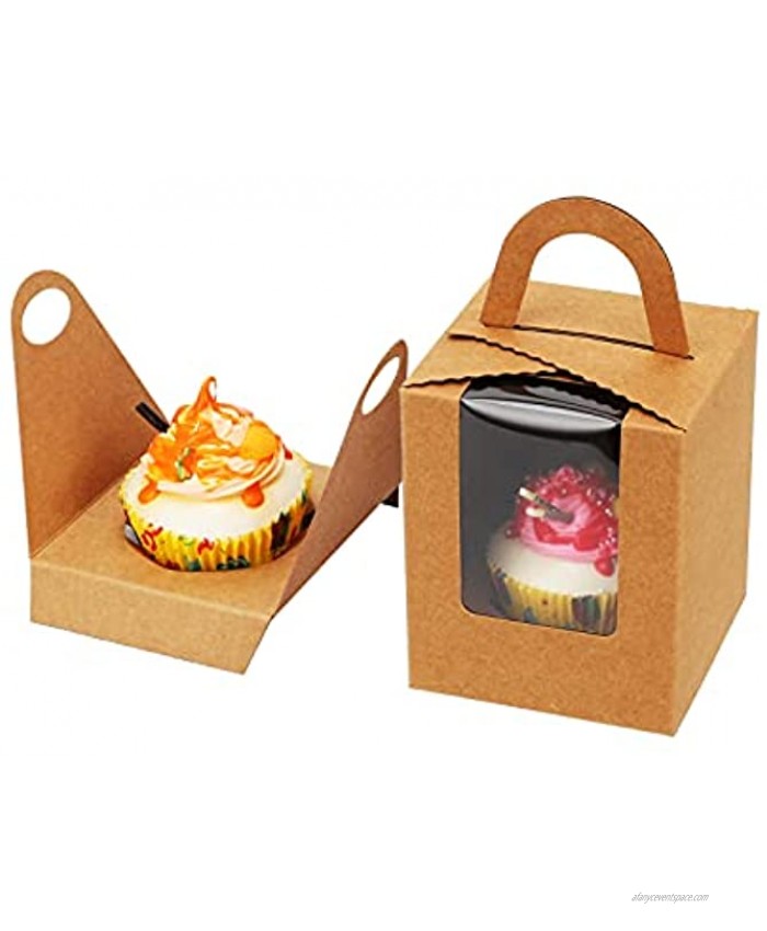 50 Pack Single Cupcake Boxes with Display Insert Window Handle Portable Kraft Paper Cupcake Individual Containers Carriers Muffin Carry Box for Bakery Party Favor Candy Muffin Boxes Brown