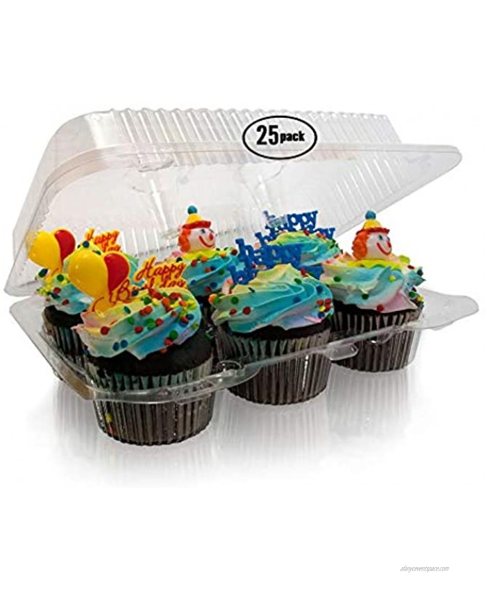 6 Compartment Cupcake Container plastic disposable Muffin Containers with Superior Hinged Lid clear cupcake containers Cupcake Boxes 6 count for high toppings pack of 25 6-Compartment