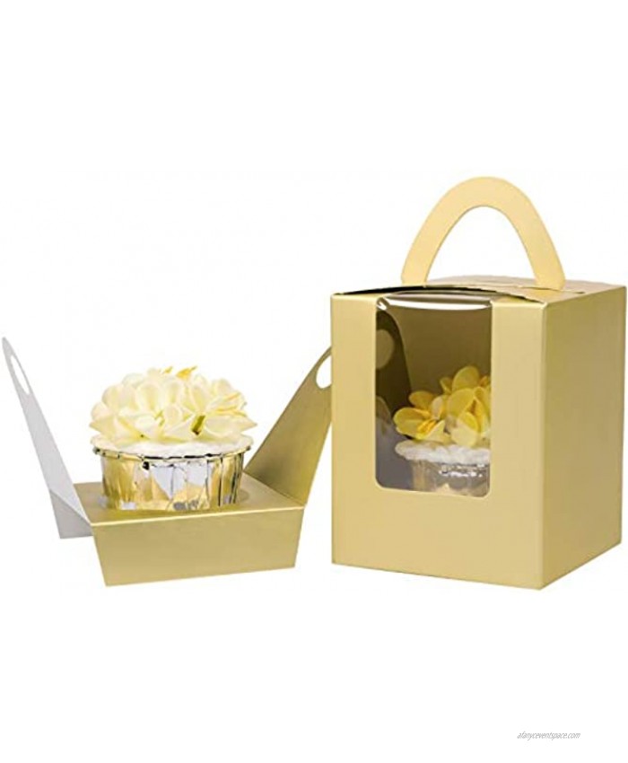 60 PCS Single Cupcake Boxes Individual Cupcake Containers with Handle and InsertsGold